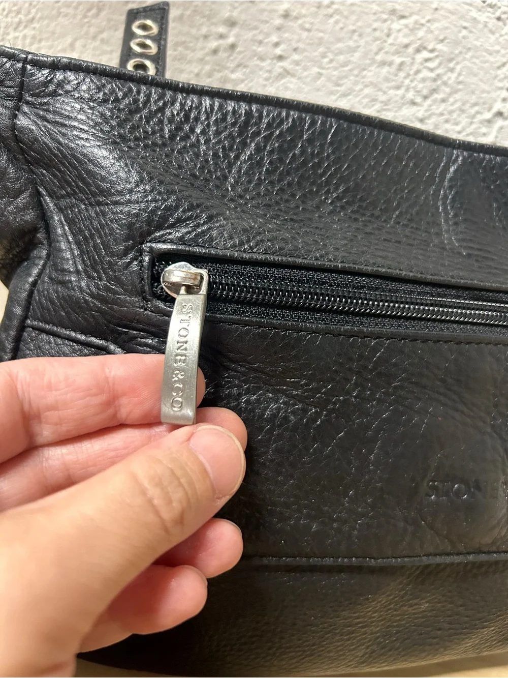 Stone & Co. Black Pebbled Leather Shoulder Bag with Silver Hardware